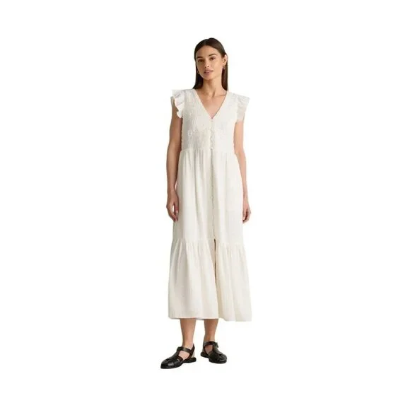 Quince Organic Textured Cotton Smocked V-Neck Midi Dress White S New Anthro